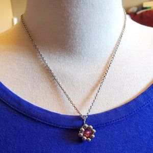 16" Silver Tone Pink Flower Theme Pendant Necklace